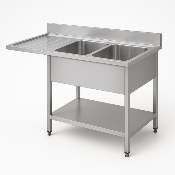 Plonge avec passage pour lave-vaisselle égouttoir à gauche, 2 bacs à droite