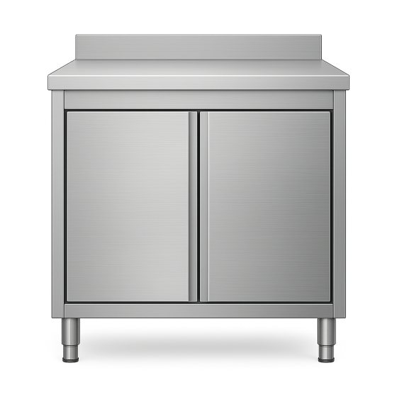 Placard/Plan de travail renforcée en acier inoxydable AISI 201 avec dosseret et deux portes battantes